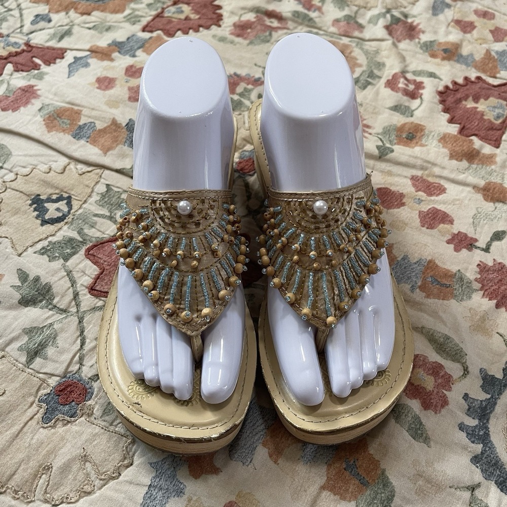 Vtg Skechers Women's Somethin' Else Jaunt Beaded Wedge Thong 7 Sandals Y2K Beach - Picture 2 of 7